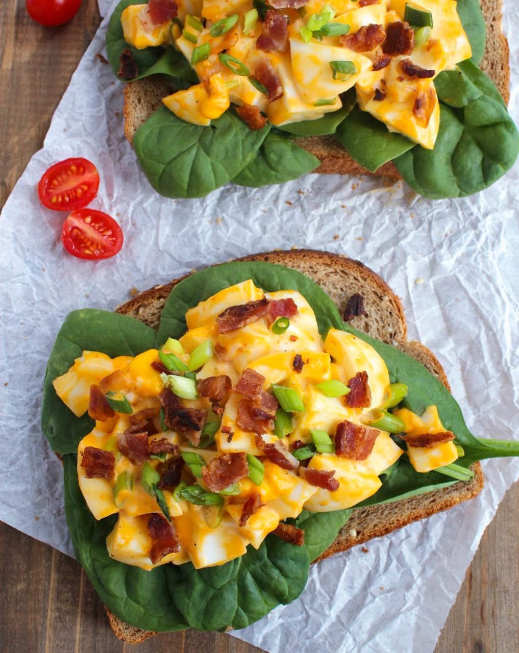 Open-Face Egg Sandwiches with Bacon, Avocado, & Sriracha Aioli