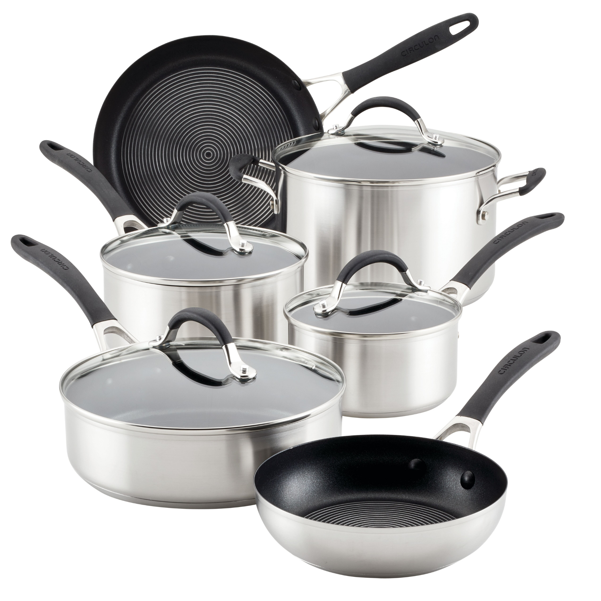 Circulon Cookware 10-Piece Tri-Ply Clad Nonstick Cookware Set with 2-Piece  Bonus Utensil Set in Stainless Steel