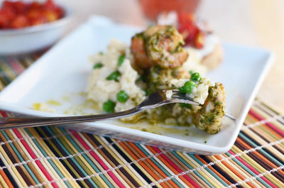 Baked Lemon Parmesan Risotto with Grilled Pesto Shrimp