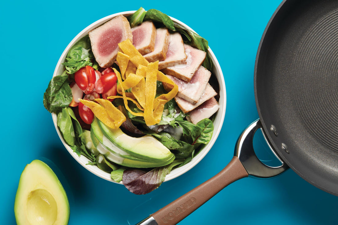 Seared Tuna Salad with Coconut Lime Dressing and Spiced Tortilla Croutons