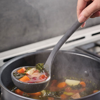 Vegetable and sausage soup made using broth. 