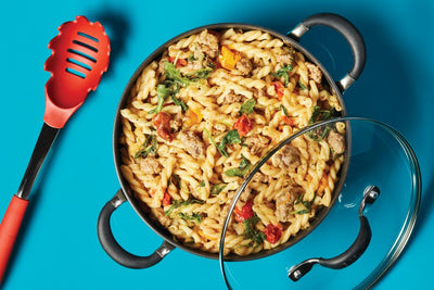 Casserole Pasta with Sausage, Cherry Tomatoes and Arugula