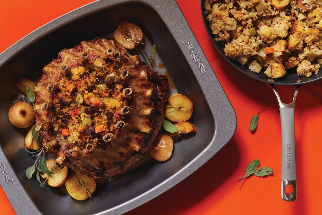 Crown Roast of Pork with Apple Cornbread Stuffing and Cider Reduction