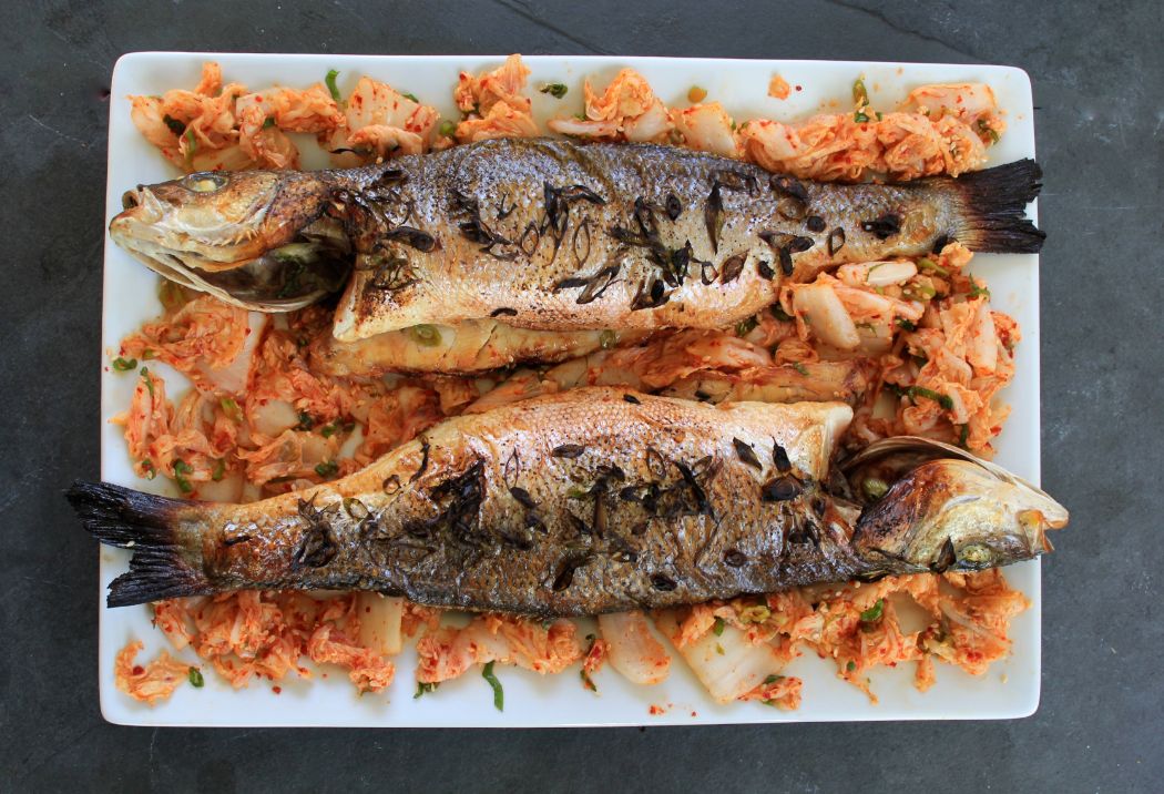 Roasted Sea Bass with Quick Kimchi