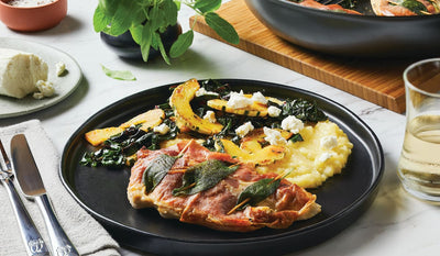 Chicken Saltimbocca with Autumn Vegetables and Goat Cheese Polenta