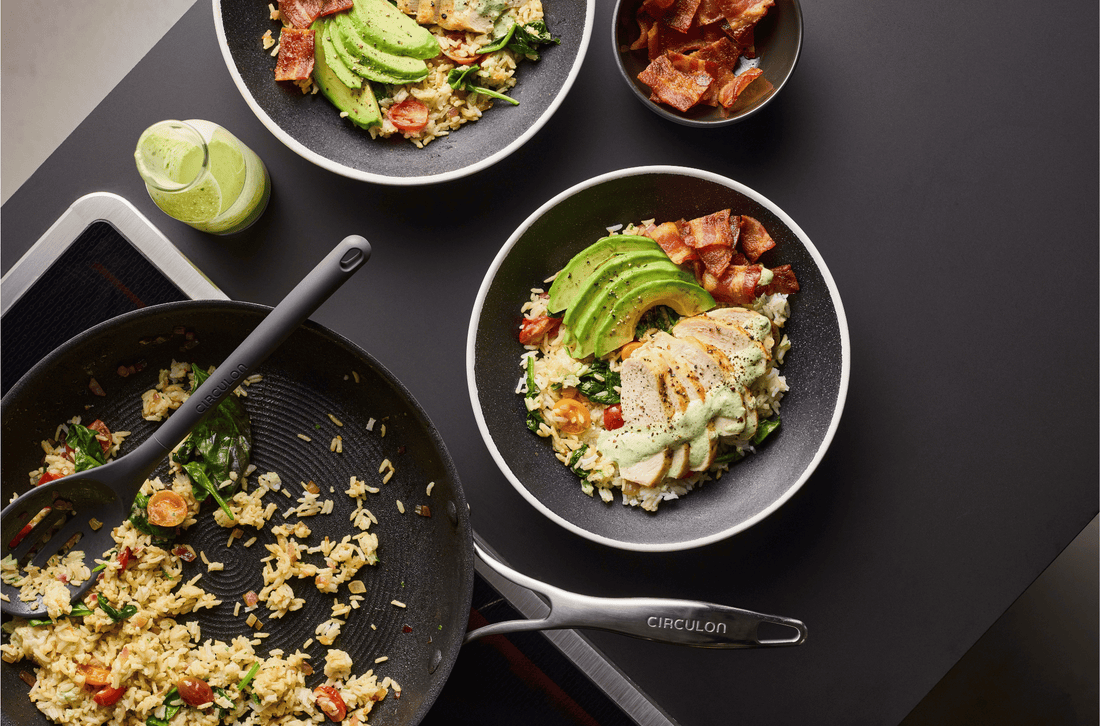 Chicken & Avocado BLT Rice Bowl with Pesto Ranch Dressing