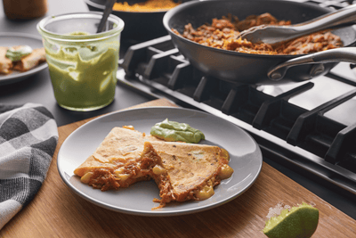 Pulled Pork Quesadilla with Chipotle-Cola BBQ Sauce and Avocado Cream