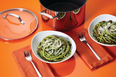 Bucatini, Bacon and Peas with Spinach Pesto - Circulon