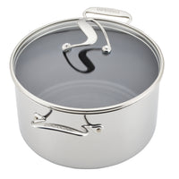 Stainless steel pot with glass lid and curved handles.