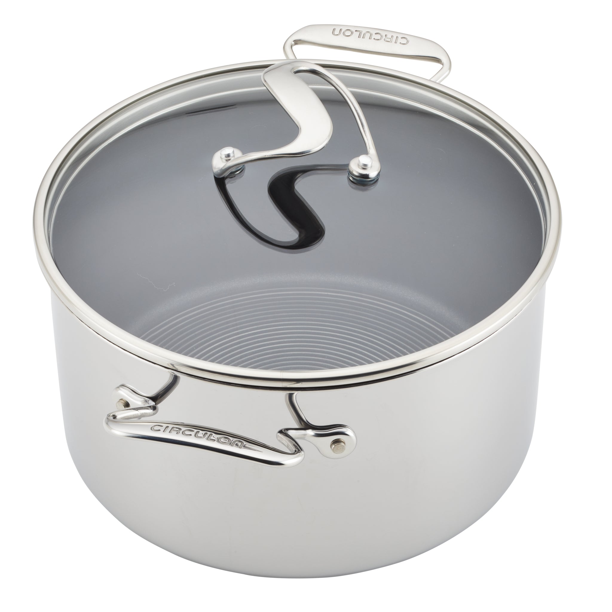 Stainless steel pot with glass lid and curved handles.