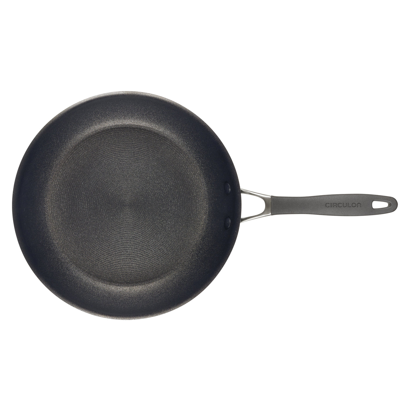 A black non-stick frying pan with a long handle.