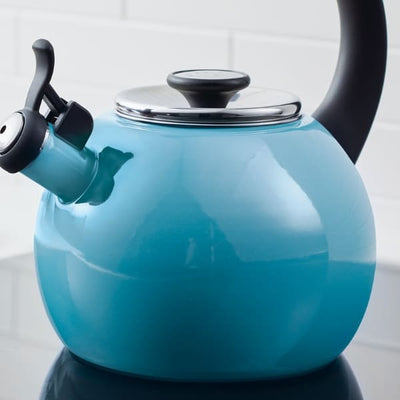 Blue kettle with a black handle on a reflective surface.