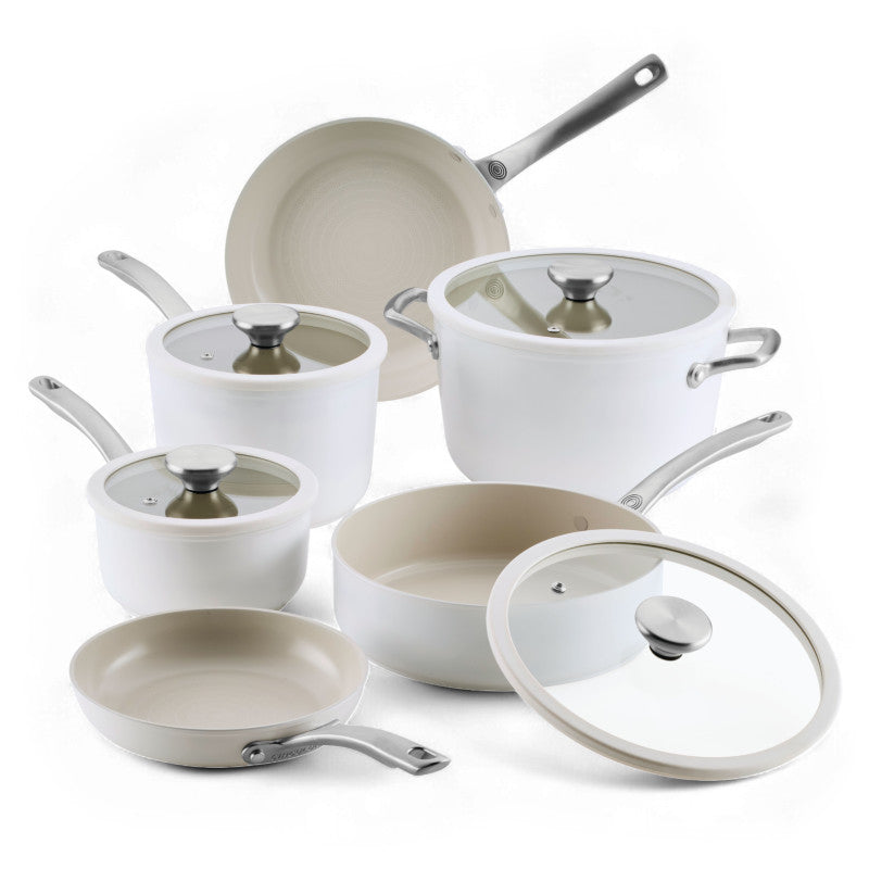 Ceramic Nonstick 10-Piece Cookware Set with glass lids and scratch resistance.