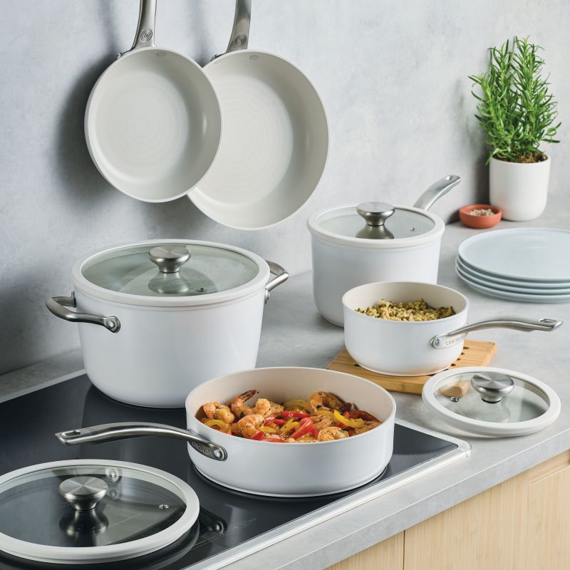 Ceramic Nonstick 10-Piece Cookware Set with lids and pans on a countertop.