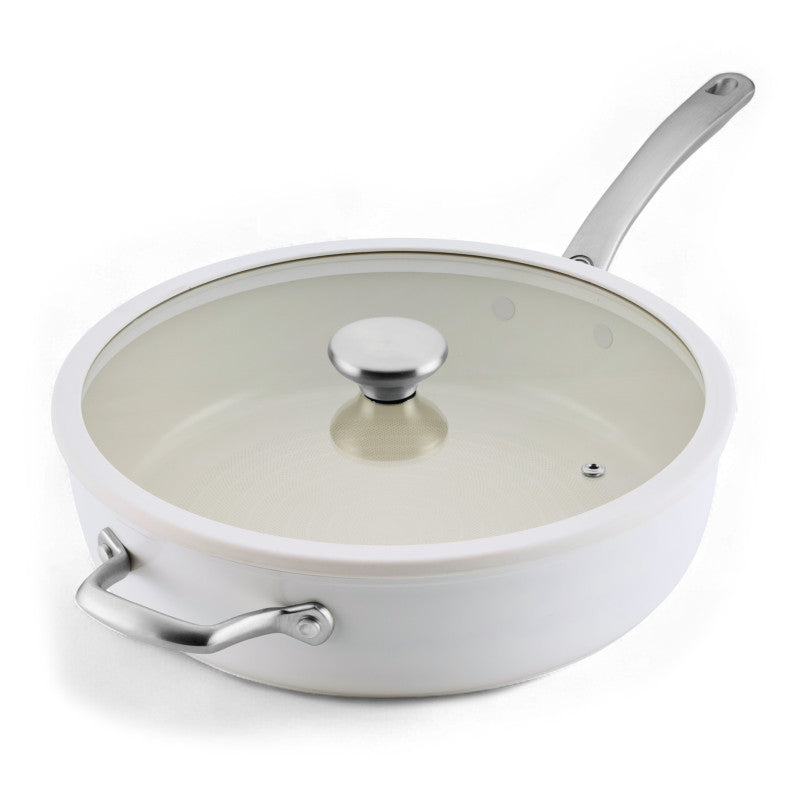 Ceramic Nonstick 5-Quart Sauté Pan with glass lid and metal handles.