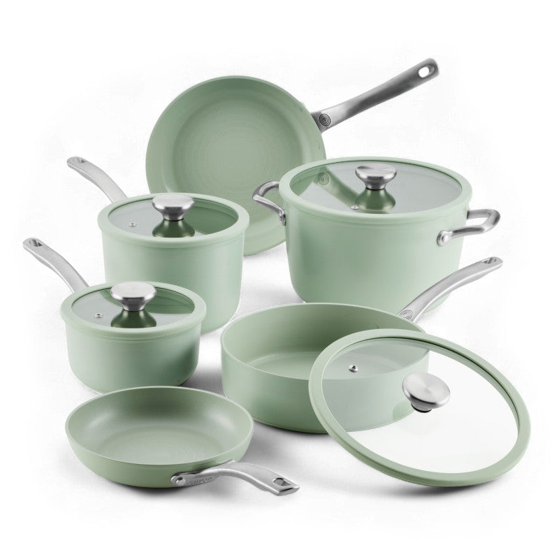 Ceramic Nonstick 10-Piece Cookware Set with lids, light green, scratch resistant.