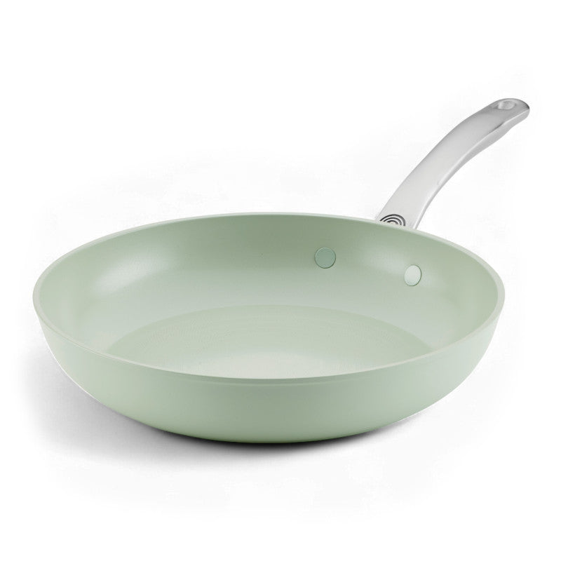 Ceramic Nonstick 10-Inch Frying Pan, light green with durable silver handle.