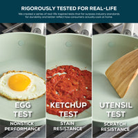 Ceramic Nonstick 2-Piece Skillet Set is tested with egg, ketchup, and utensils.