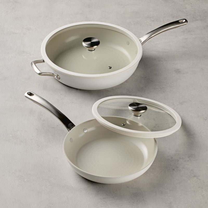 Ceramic Nonstick 4-Piece Cookware Set; scratch resistant, with glass lids.