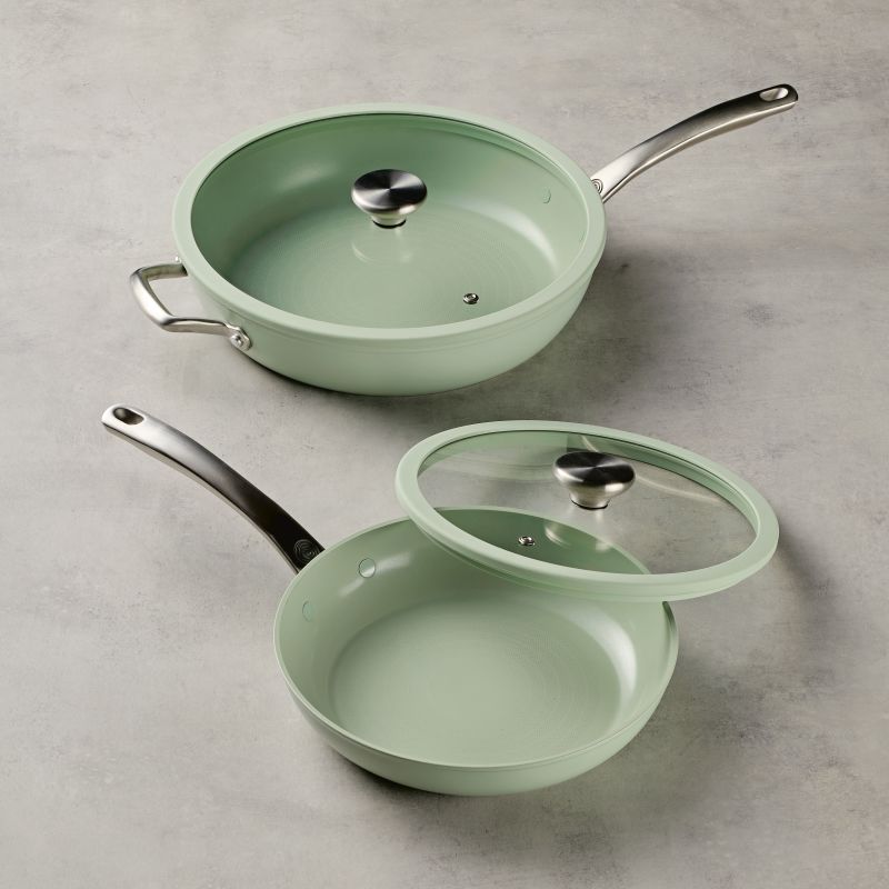 Ceramic Nonstick 4-Piece Cookware Set—stain resistant, stylish, with lids.