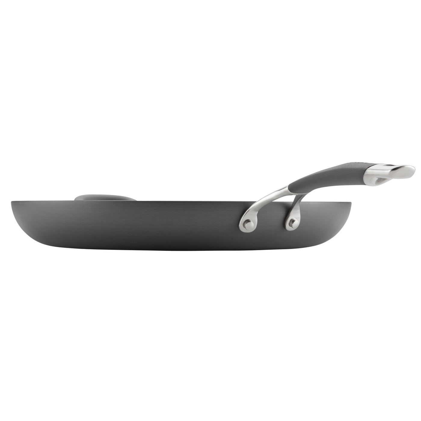 Side view of a nonstick frying pan with a gray handle.