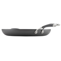 Side view of a nonstick frying pan with a gray handle.