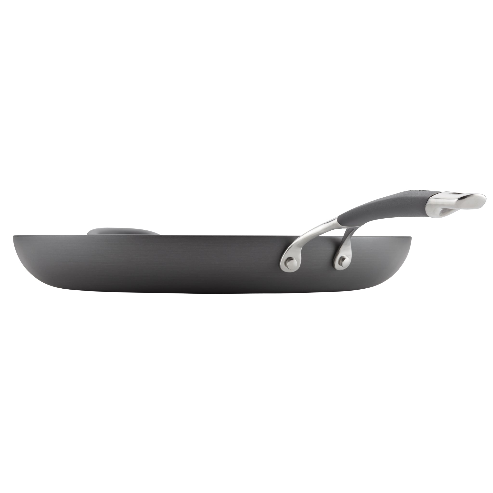 Side view of a nonstick frying pan with a gray handle.