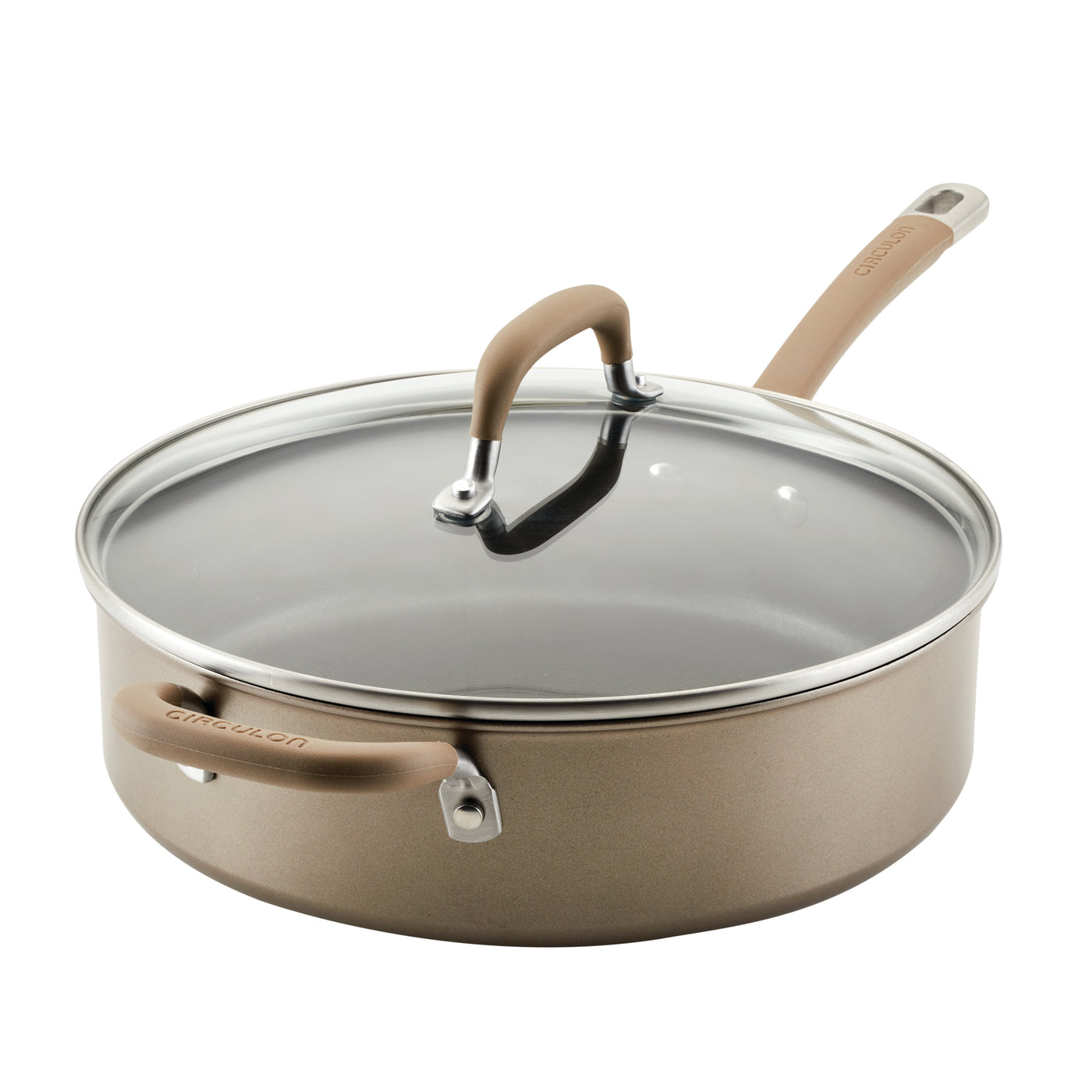 Brown ceramic skillet with a glass lid and a handle.