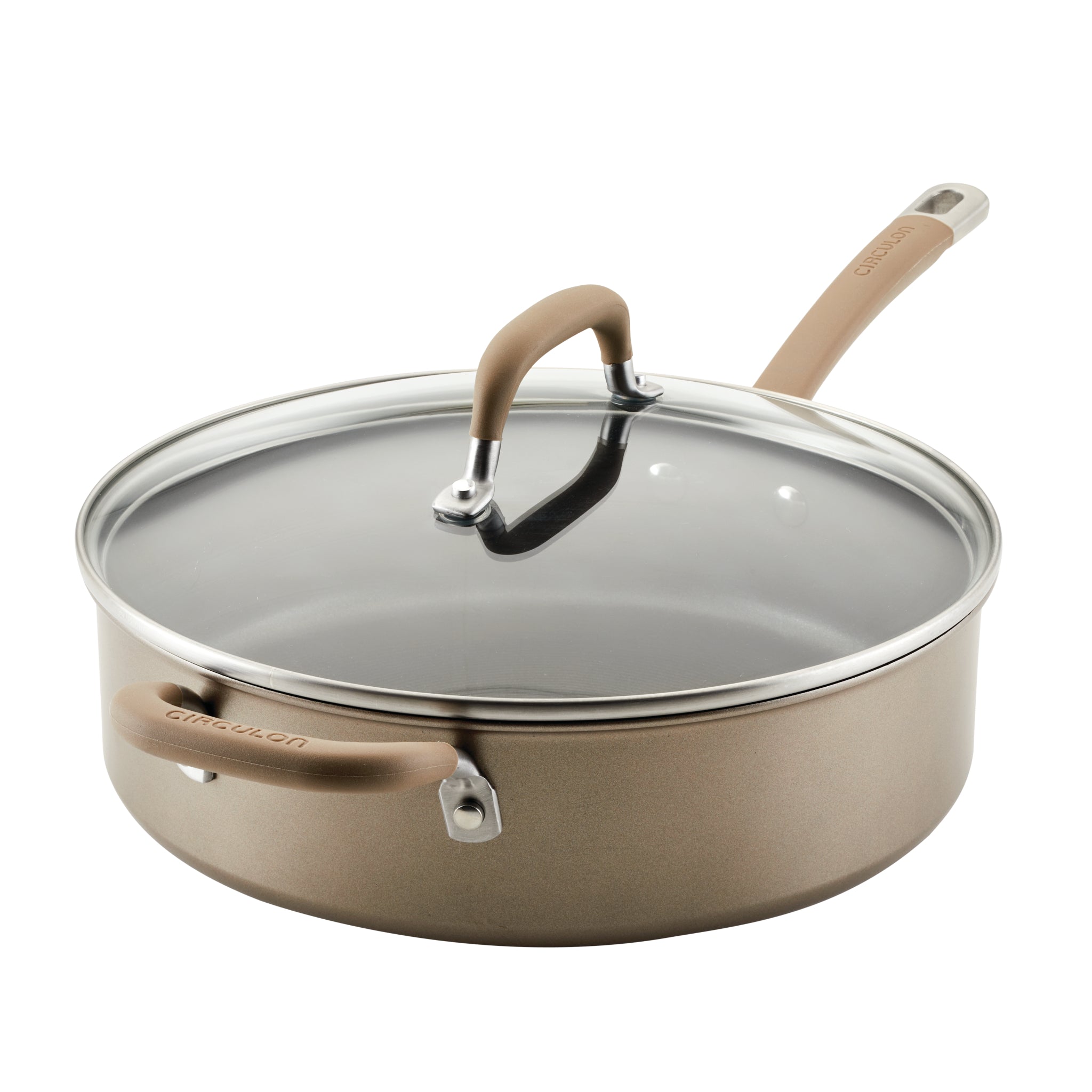 Brown ceramic skillet with a glass lid and a handle.
