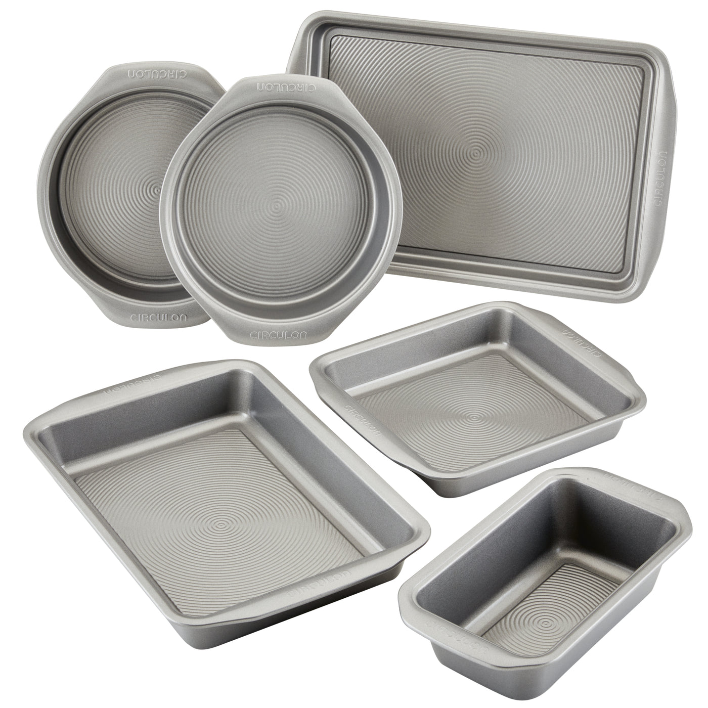 A set of five gray baking pans in various shapes and sizes.