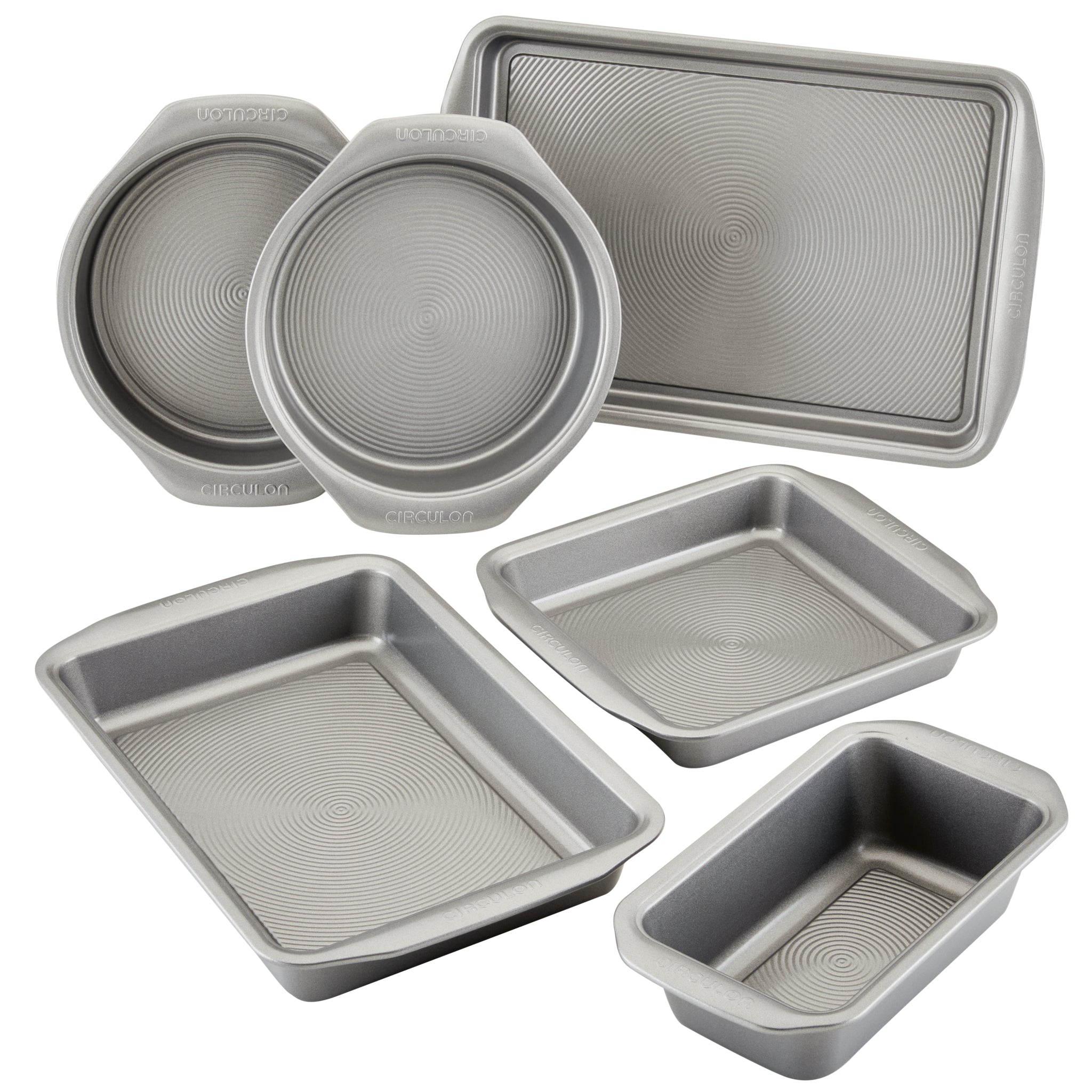A set of five gray baking pans in various shapes and sizes.