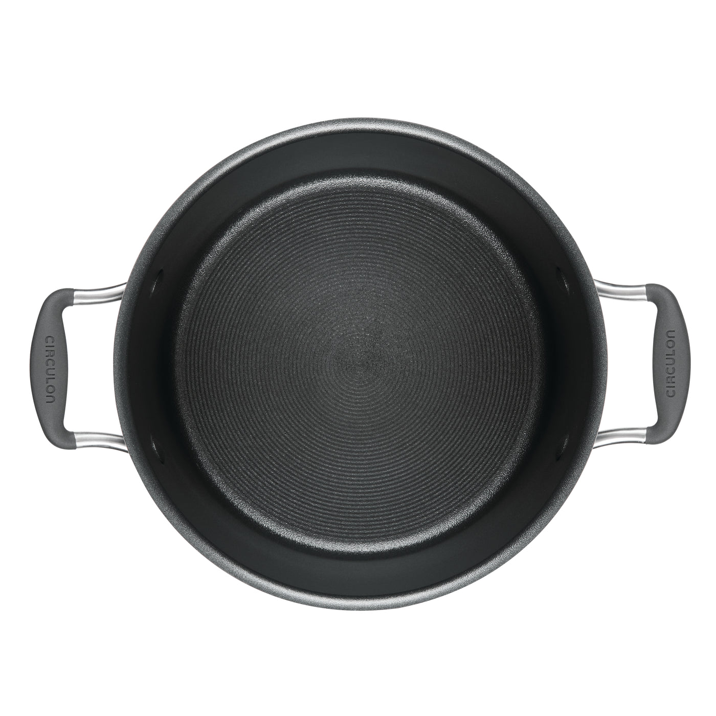 Non-stick frying pan with two handles, viewed from above.