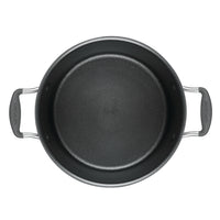 Non-stick frying pan with two handles, viewed from above.