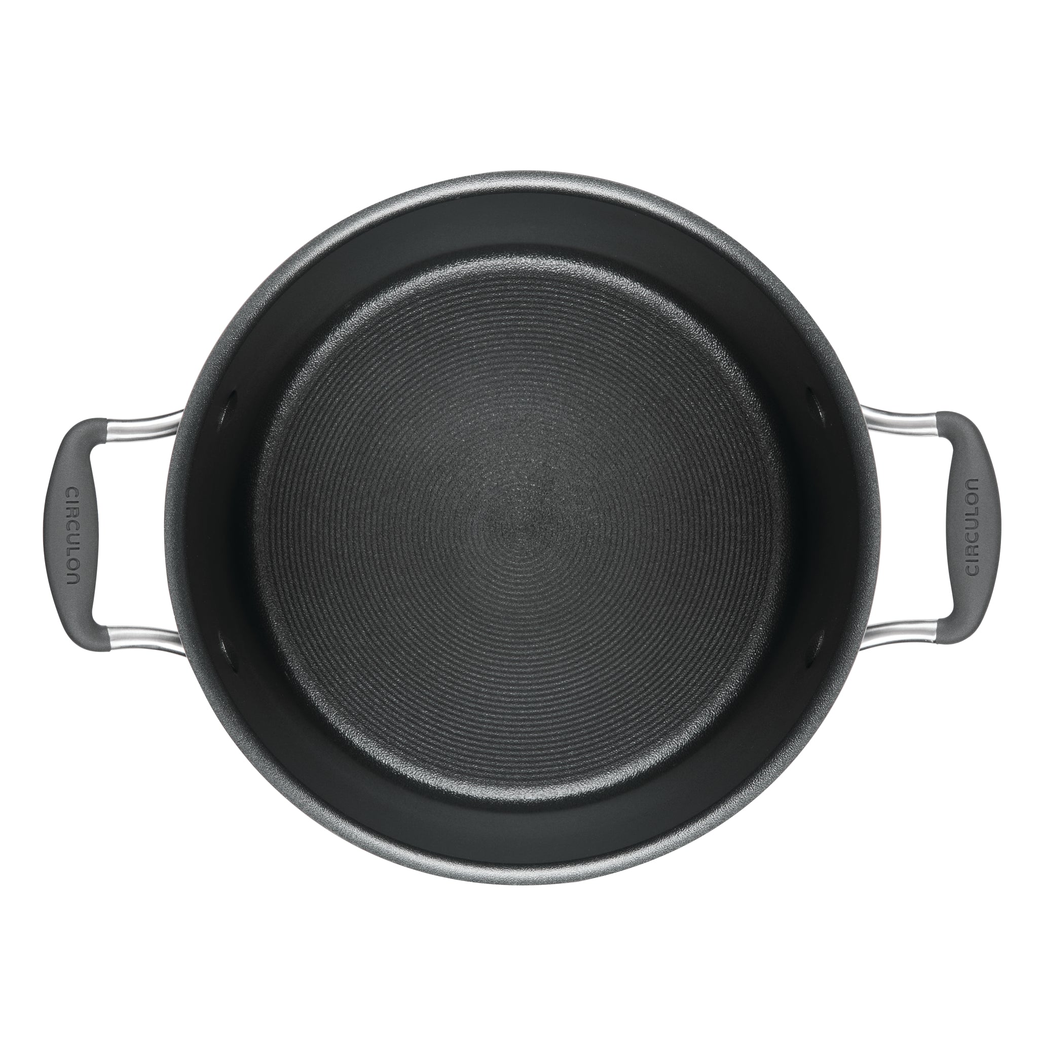 Non-stick frying pan with two handles, viewed from above.