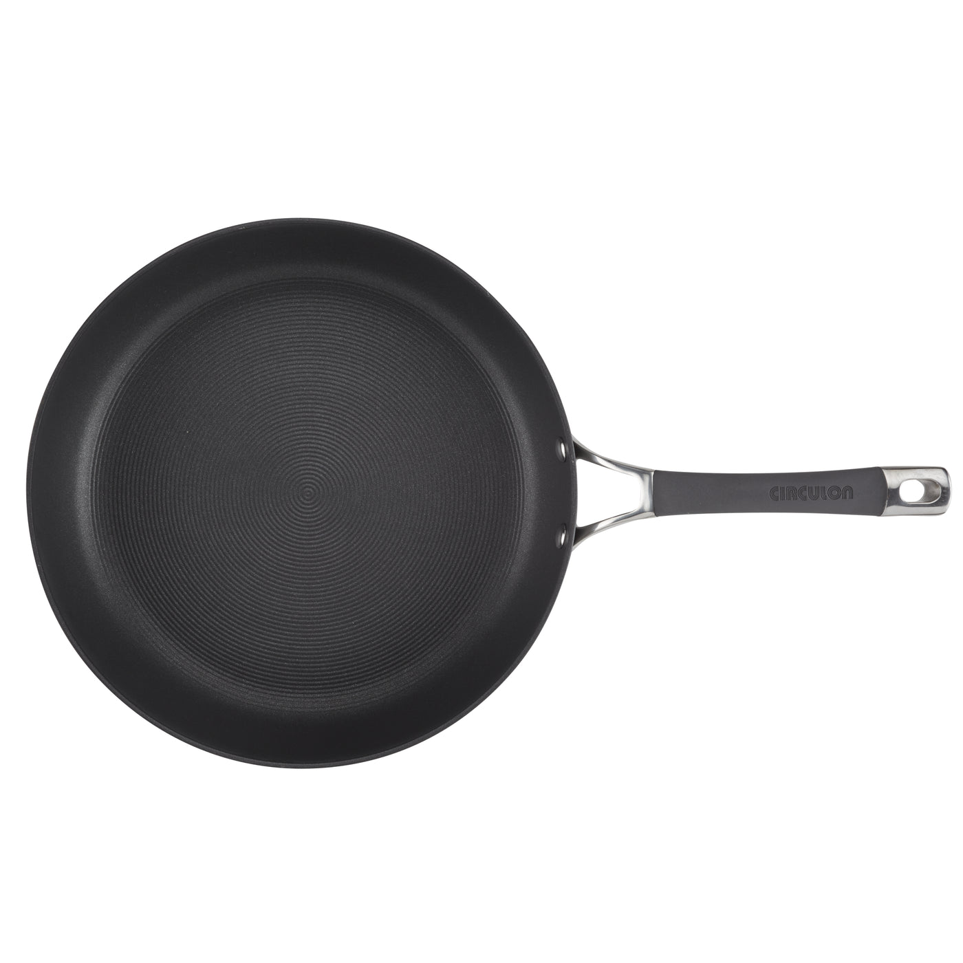 Black non-stick frying pan with a long handle on a white background.