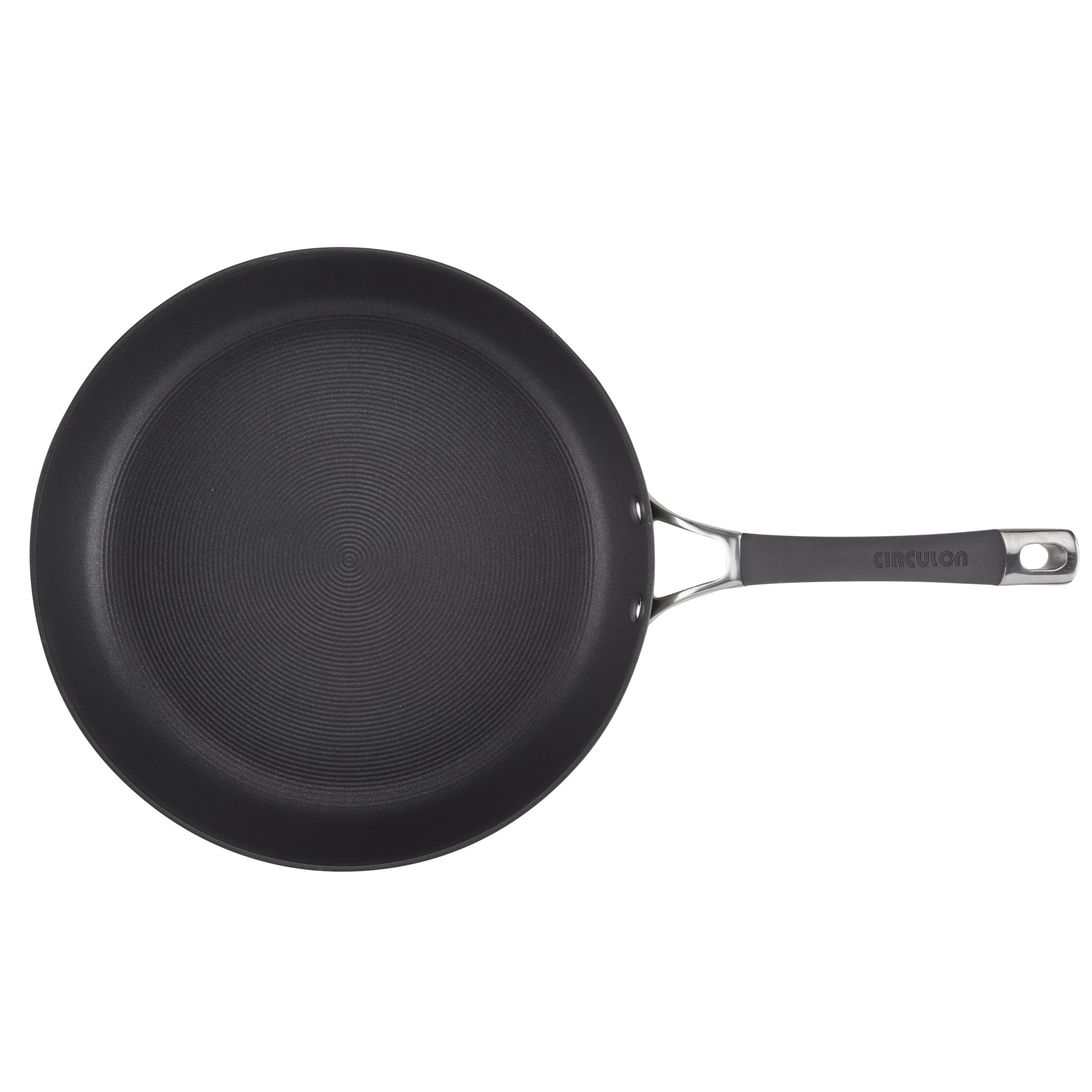 Black non-stick frying pan with a long handle on a white background.