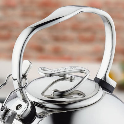 Stainless steel kettle handle and lid with a blurred background.