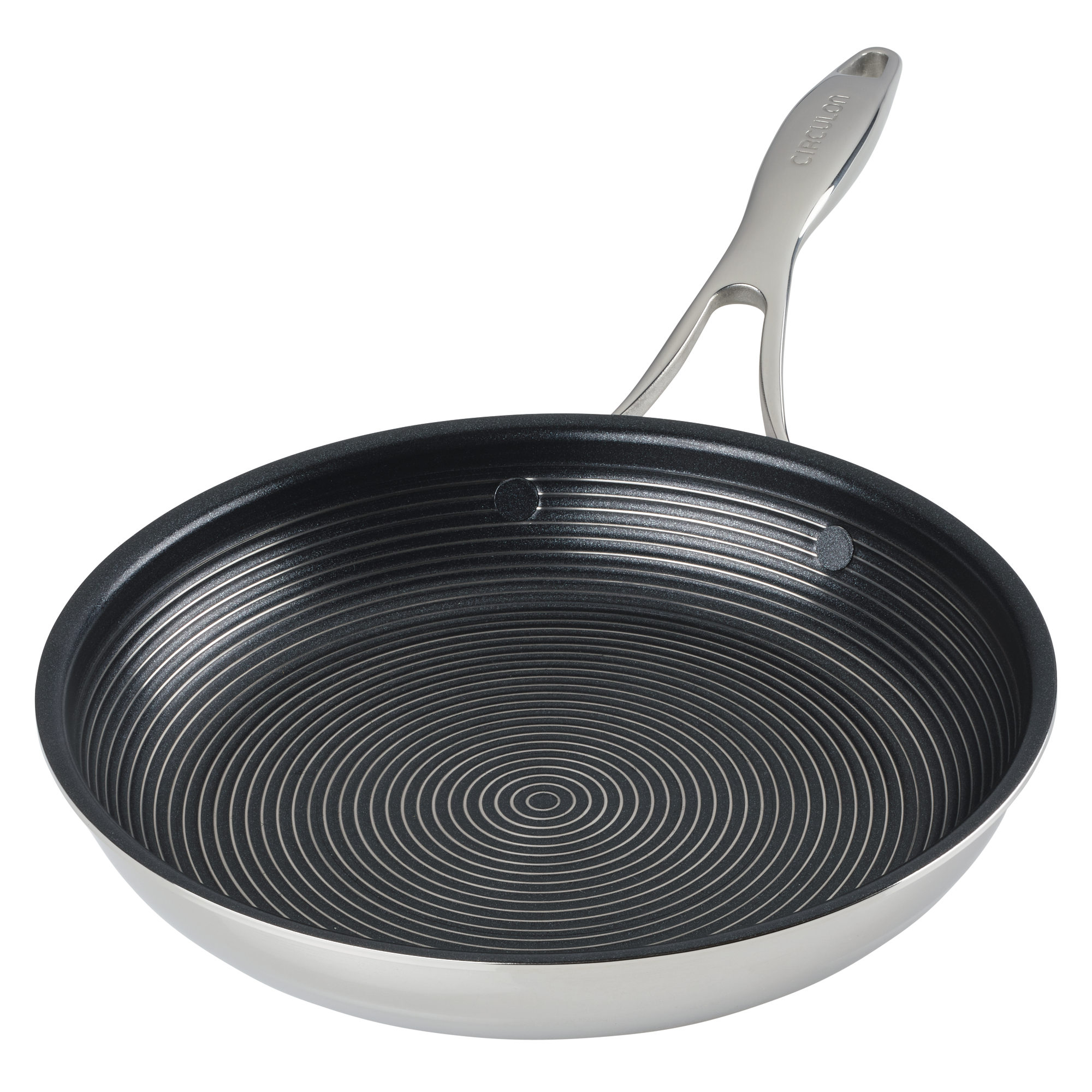 Non-stick frying pan with concentric circles and a metallic handle.