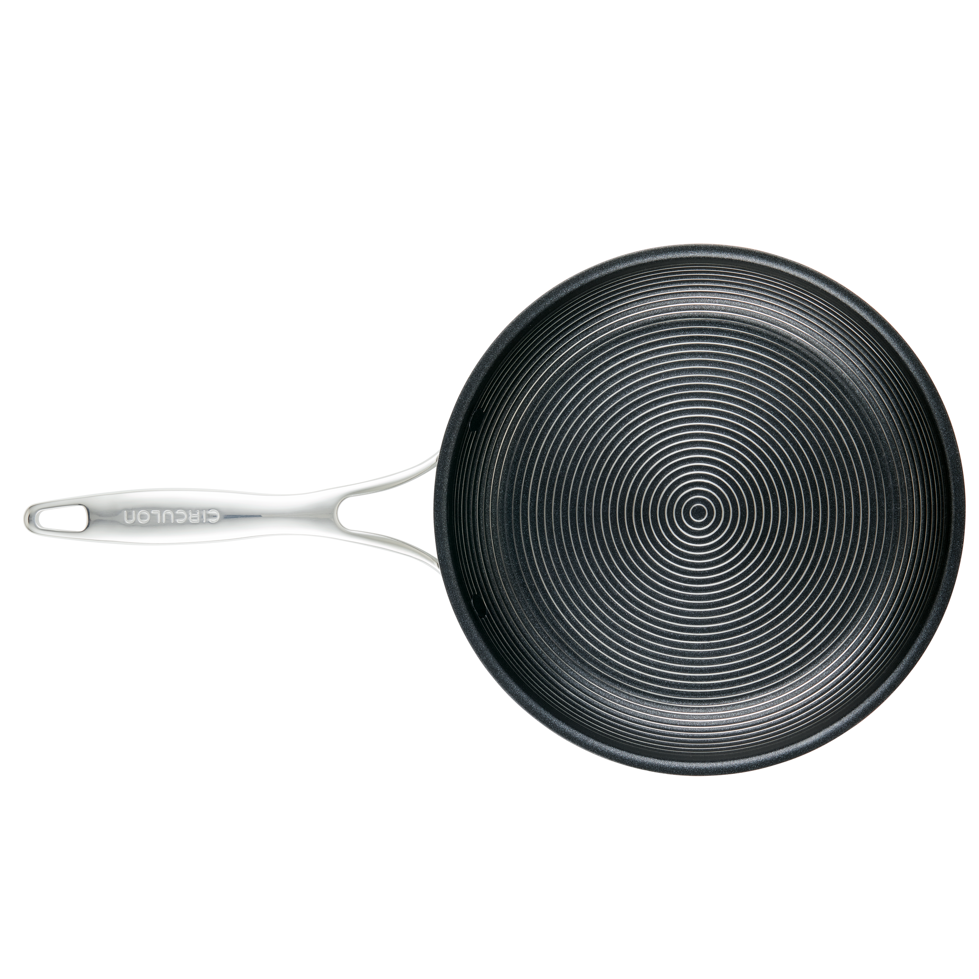 A nonstick frying pan with a circular pattern and a white handle.