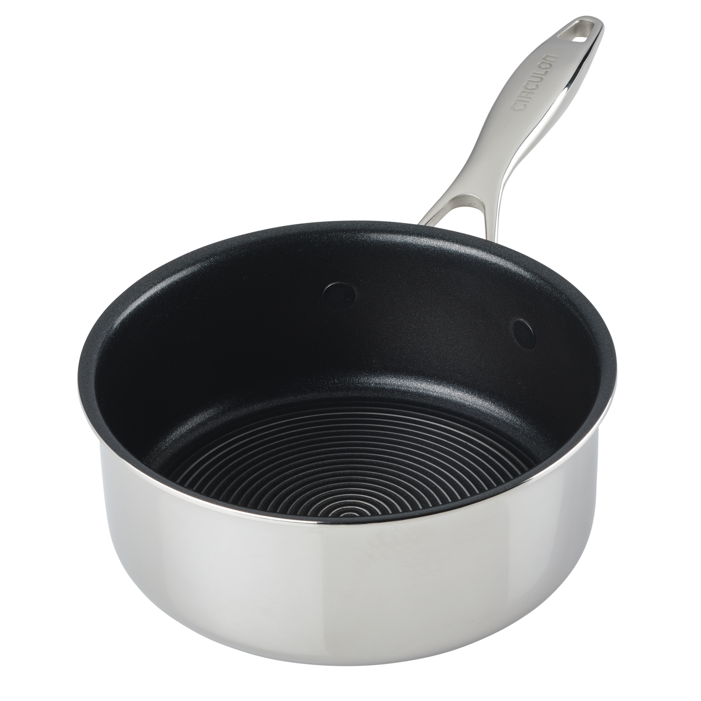 A stainless steel saucepan with a black non-stick interior and a silver handle.