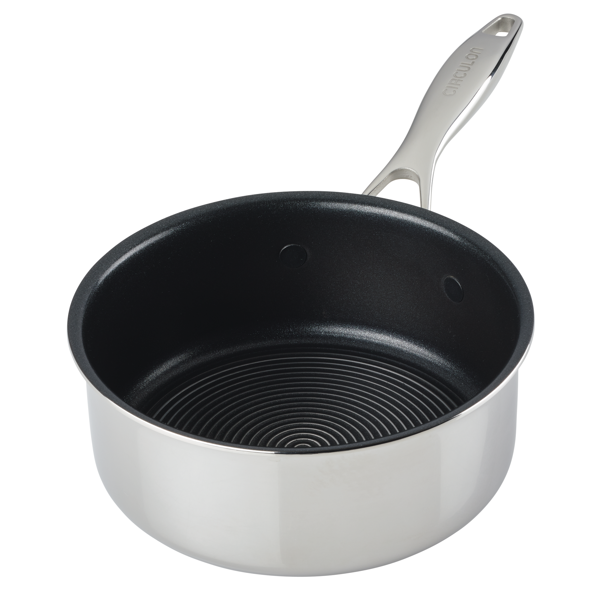 A stainless steel saucepan with a black non-stick interior and a silver handle.
