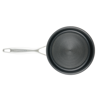 A black non-stick frying pan with a silver handle, viewed from above.