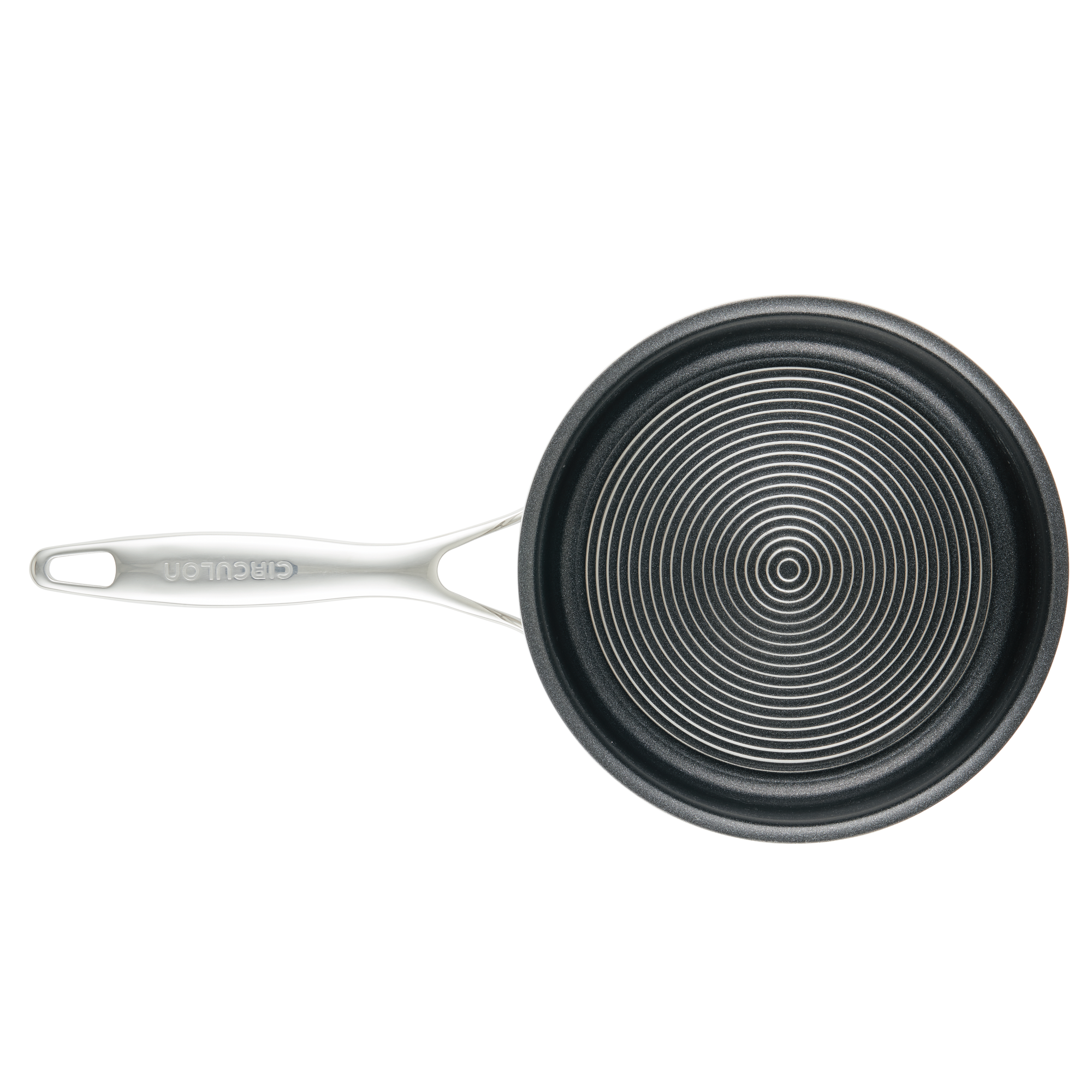 A black non-stick frying pan with a silver handle, viewed from above.