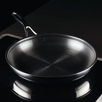 A stainless steel frying pan on a black stove.