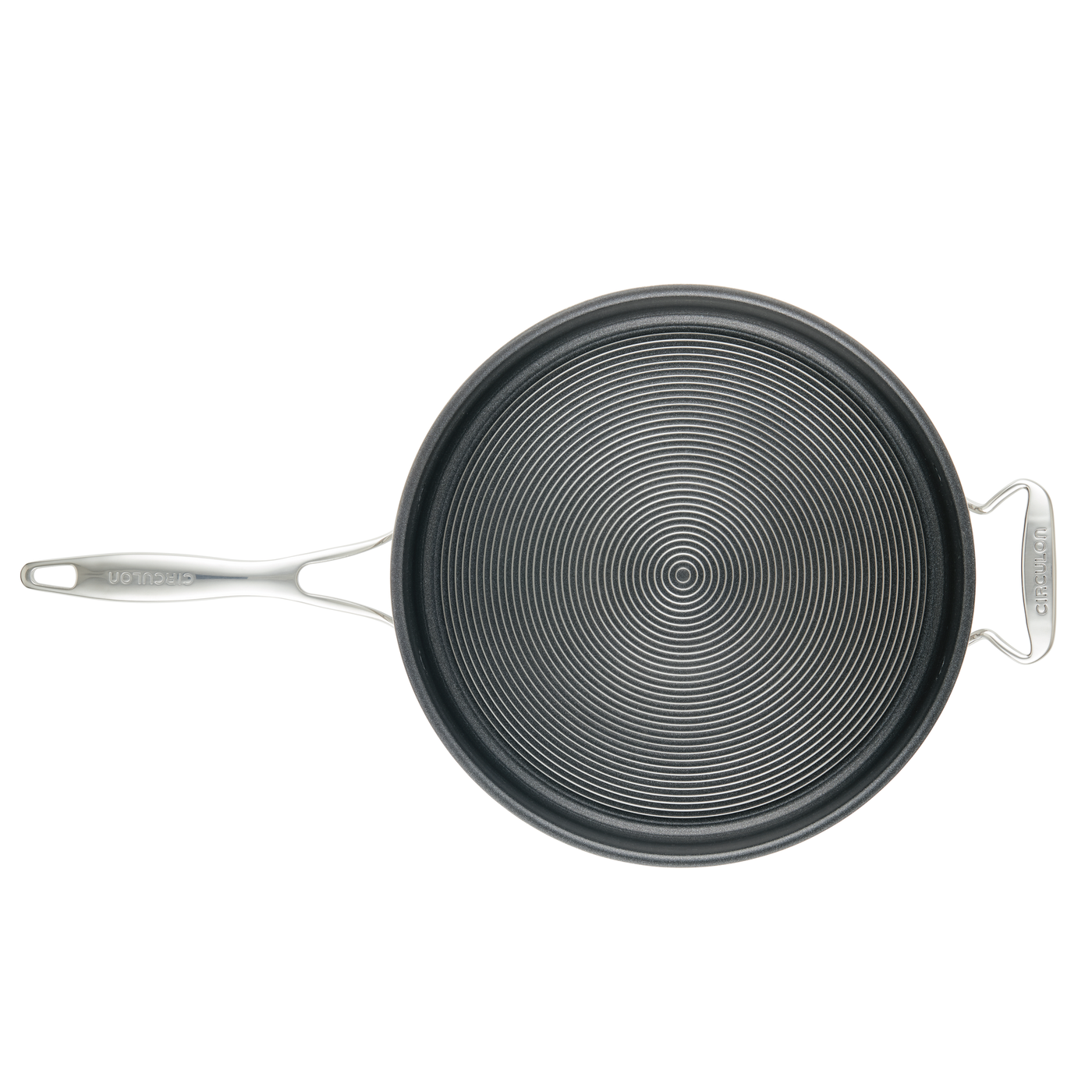 Nonstick frying pan with a circular groove pattern and a metal handle.