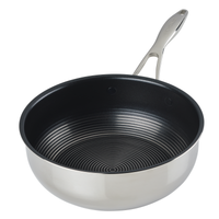 Stainless steel non-stick saucepan with a black interior and metal handle.