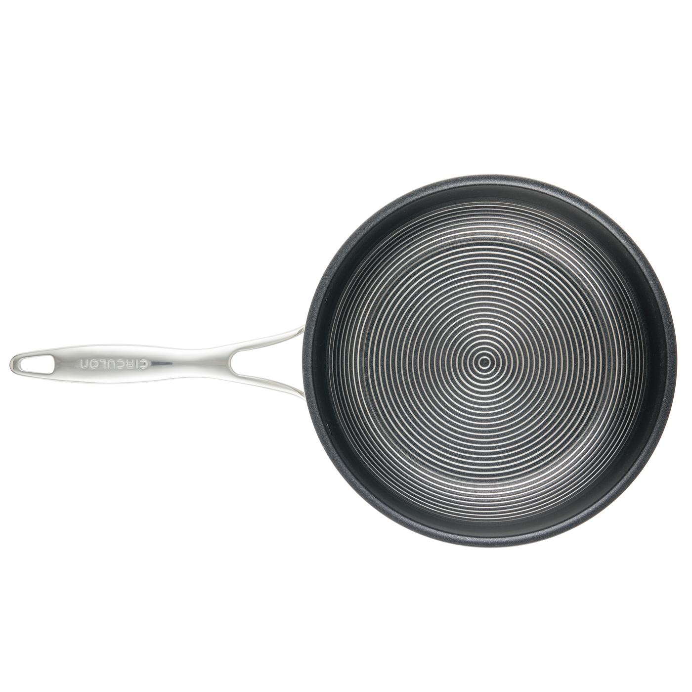 Non-stick frying pan with a spiral design and a metal handle.