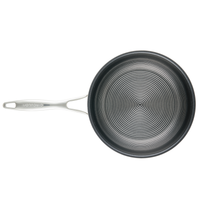 Non-stick frying pan with a spiral design and a metal handle.