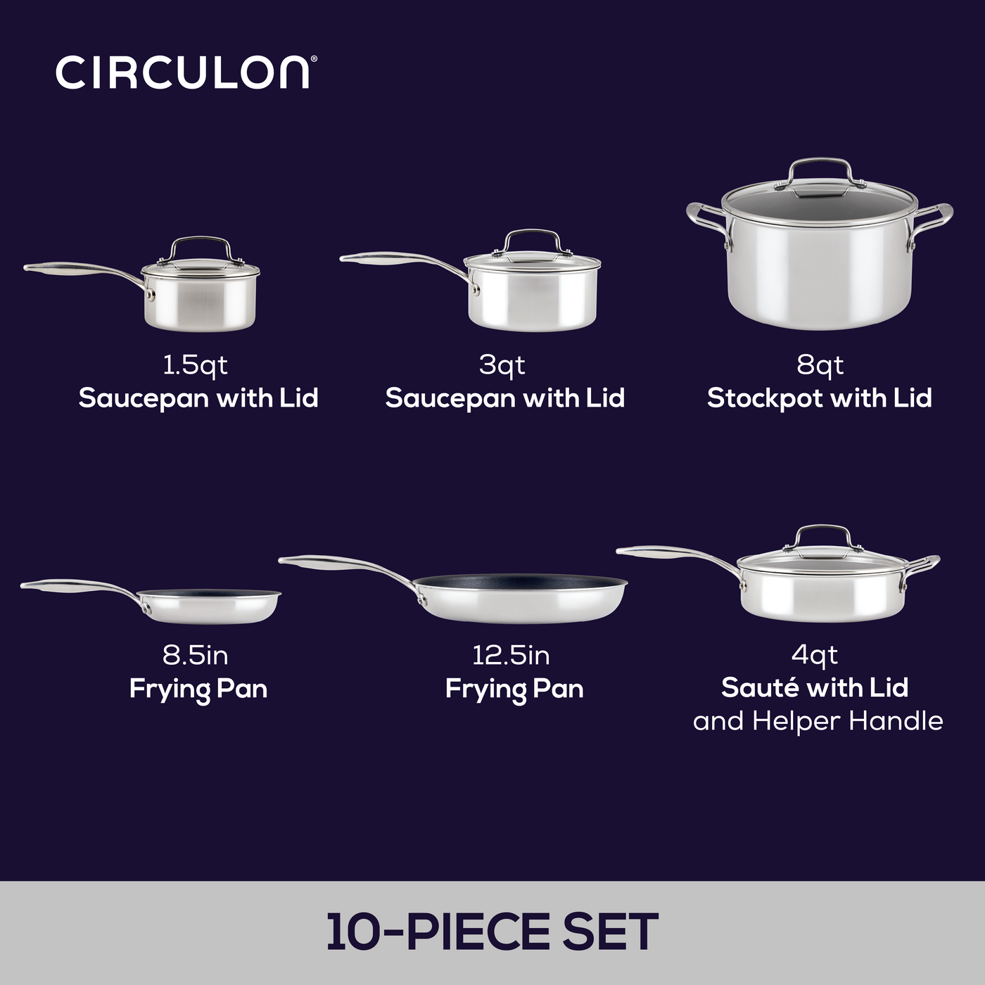 A 10-piece set of silver cookware including pans and pots with lids.