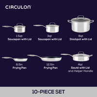 A 10-piece set of silver cookware including pans and pots with lids.